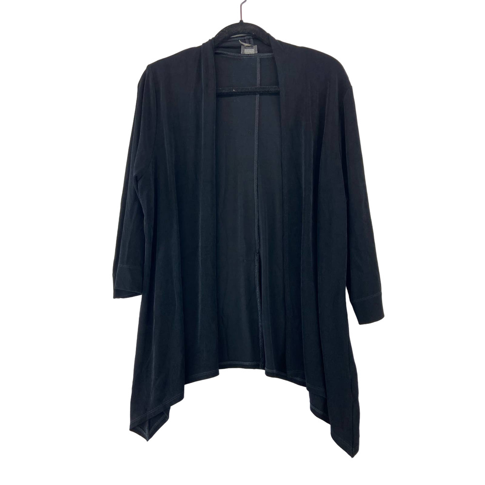 Chicos Travelers Sz 2 Large Black Cardigan Button Back Open Front 3/4 Sleeve